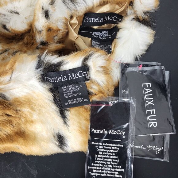 NWT~PAMELA MCCOY~BROWN BLACK FAUX FOX MINK FUR ANIMAL PRINT STOLE SCARF WRAP HAT - Picture 16 of 16